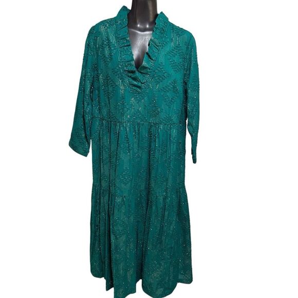 Crown & Ivy Size M Petite Ruffle Neck Tiered Midi Dress Emerald Green Gold Fall - Picture 2 of 13